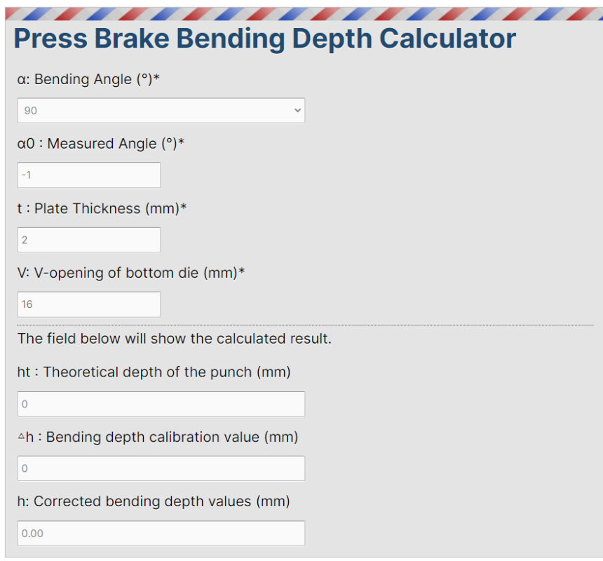 Press brake bending depth calculator